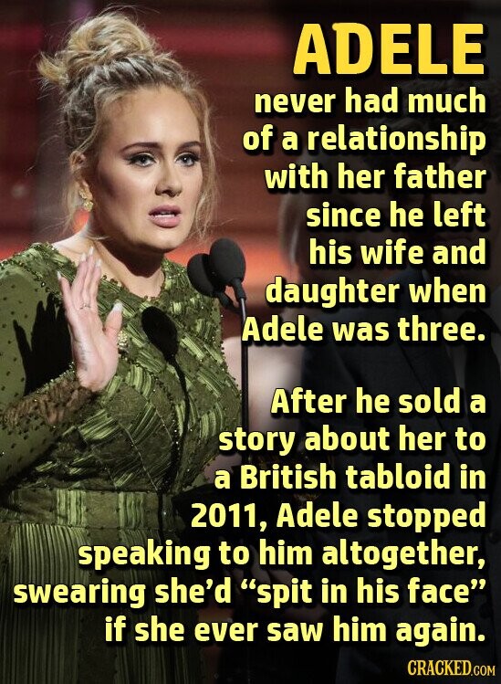 ADELE never had much of a relationship with her father since he left his wife and daughter when Adele was three. After he sold a story about her to a British tabloid in 2011, Adele stopped speaking to him altogether, swearing she'd spit in his face if she ever saw him again. CRACKED.COM