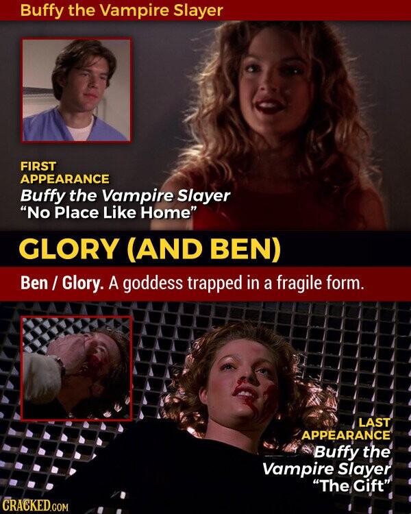 Buffy the Vampire Slayer FIRST APPEARANCE Buffy the Vampire Slayer No Place Like Home GLORY (AND BEN) Ben / Glory. A goddess trapped in a fragile form. LAST APPEARANCE Buffy the Vampire Slayer The Gift CRACKED.COM