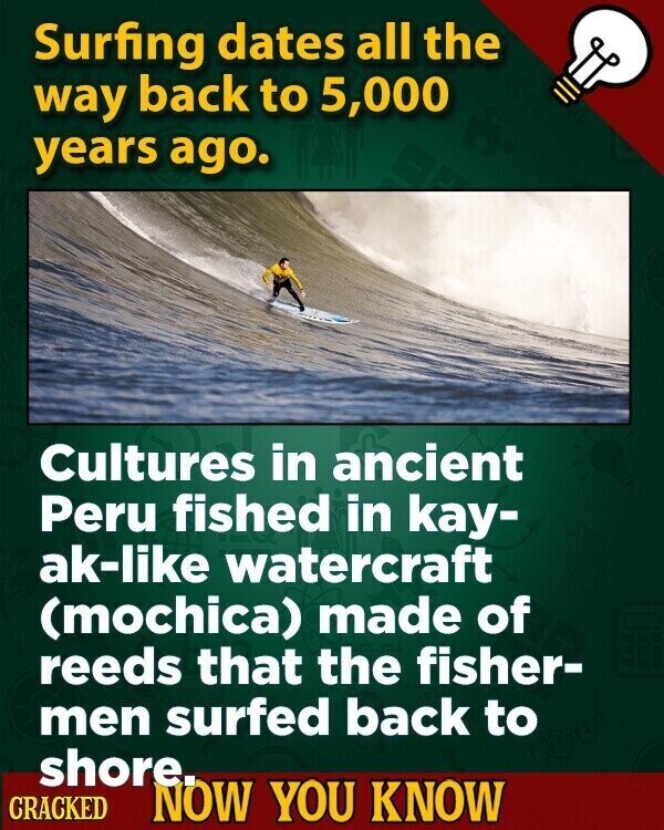 Surfing dates all the way back to 5,000 years ago. Cultures in ancient Peru fished in kay- ak-like watercraft (mochica) made of reeds that the fisher- men surfed back to shore. CRACKED NOW YOU KNOW