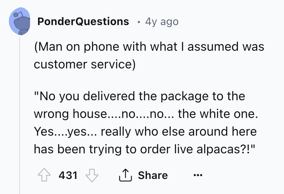 PonderQuestions 4y ago (Man on phone with what I assumed was customer service) No you delivered the package to the wrong house....no....no... the white one. Yes....yes... really who else around here has been trying to order live alpacas?! 431 Share ... 