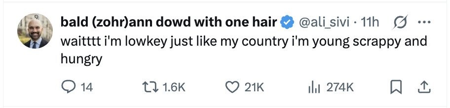 @ali_sivi . 11h s ... bald (zohr)ann dowd with one hair waitttt i'm lowkey just like my country i'm young scrappy and hungry 14 1.6K 21K 274K