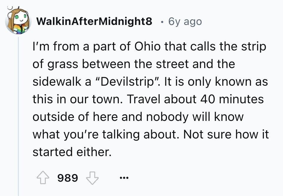 WalkinAfterMidnight8 6y ago I'm from a part of Ohio that calls the strip of grass between the street and the sidewalk a Devilstrip. It is only known as this in our town. Travel about 40 minutes outside of here and nobody will know what you're talking about. Not sure how it started either. 989 ... 