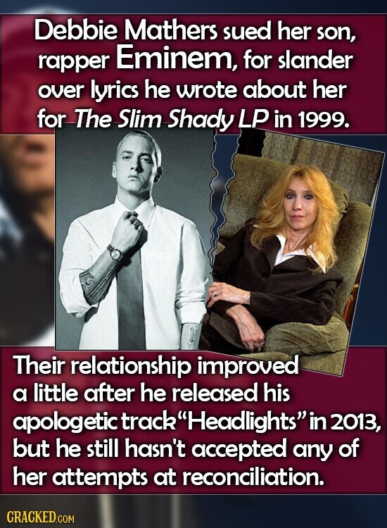 Debbie Mathers sued her son, rapper Eminem, for slander over lyrics he wrote about her for The Slim Shady LP in 1999. Their relationship improved a little after he released his apologetic track Headlights in 2013, but he still hasn't accepted any of her attempts at reconciliation. CRACKED.COM