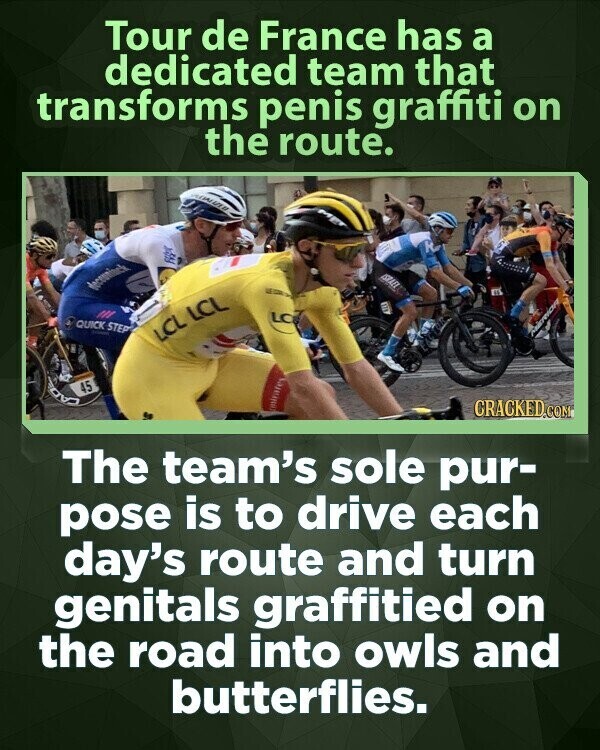 Tour de France has a dedicated team that transforms penis graffiti on the route. ISRAEL deceminch a LC QUICK STEP - LCL LCL BOY 45 CRACKED.COM The team's sole pur- pose is to drive each day's route and turn genitals graffitied on the road into owls and butterflies.