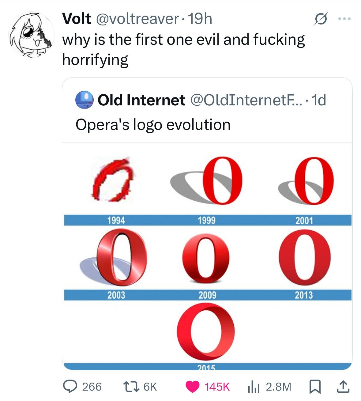 Volt @voltreaver.1 19h S ... why is the first one evil and fucking horrifying Old Internet @OldInternetF... 1d Opera's logo evolution O O 1994 1999 2001 O 0 o 2009 2013 2003 O 2015 266 6K 145K del 2.8M 