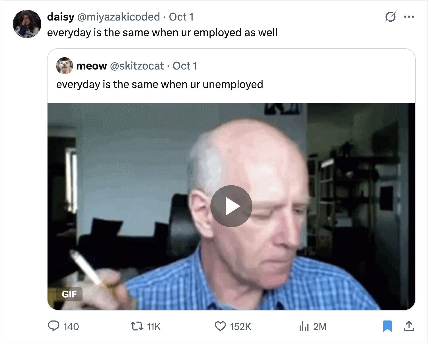 s ... daisy @miyazakicoded Oct 1 everyday is the same when ur employed as well meow @skitzocat . Oct 1 everyday is the same when ur unemployed GIF 140 11K 152K del 2M 
