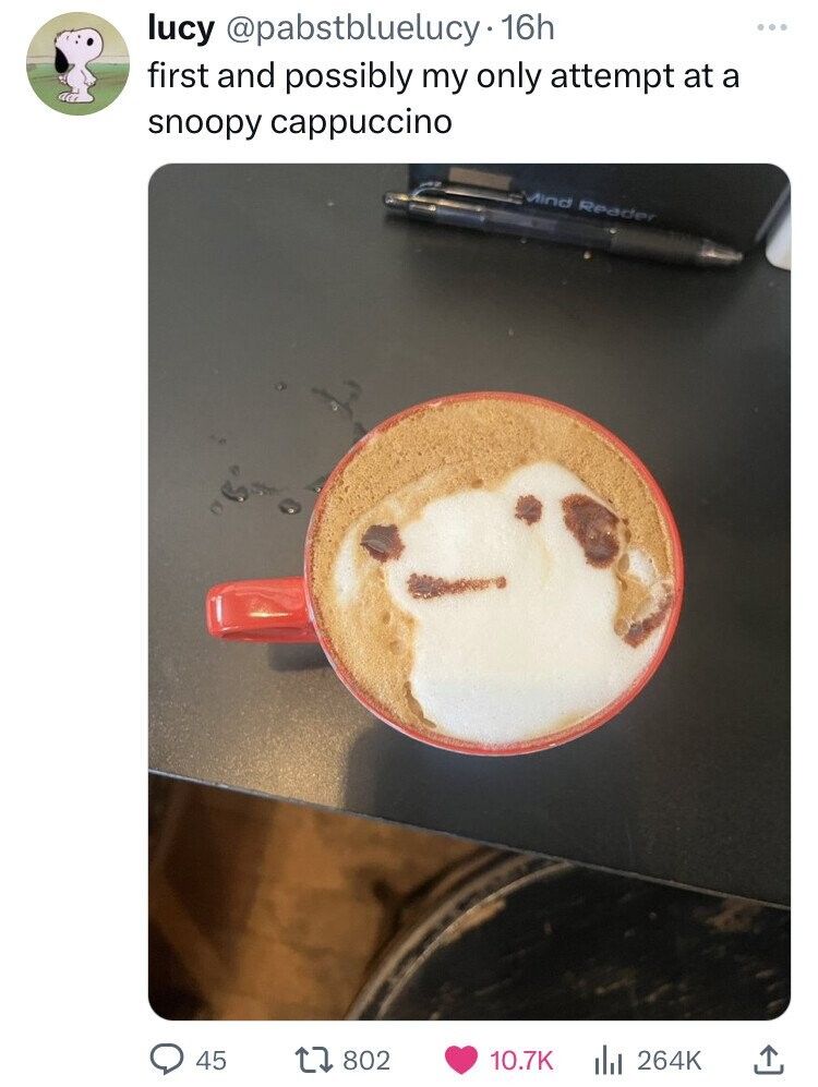 lucy @pabstbluelucy 16h first and possibly my only attempt at a snoopy cappuccino Mind Reader 45 802 10.7K 264K