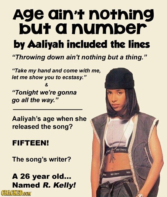 Age ain't nothing but a number by Aaliyah included the lines Throwing down ain't nothing but a thing. Take my hand and come with me, let me show you to ecstasy. & Tonight we're gonna go all the way. Aaliyah's age when she released the song? FIFTEEN! VIA Cherry 20ml The song's writer? SUGA A 26 year old... W Cherry Named R. Kelly! GRACKED.COM
