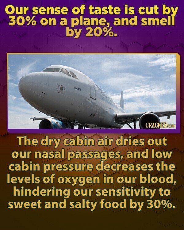 Our sense of taste is cut by 30% on a plane, and smell by 20%. SA319 CRACKED.COM The dry cabin air dries out our nasal passages, and low cabin pressure decreases the levels of oxygen in our blood, hindering our sensitivity to sweet and salty food by 30%.