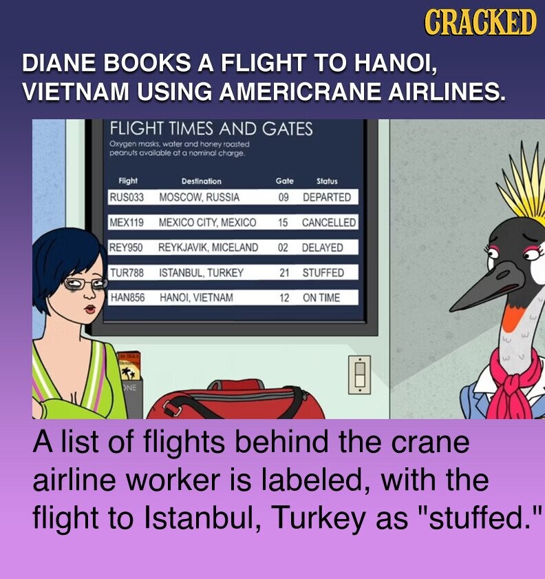 CRACKED DIANE BOOKS A FLIGHT TO HANOI, VIETNAM USING AMERICRANE AIRLINES. FLIGHT TIMES AND GATES Oxygen masks, water and honey roasted peanuts available at a nominal charge. Flight Destination Gate Status RUS033 MOSCOW, RUSSIA 09 DEPARTED MEX119 MEXICO CITY, MEXICO 15 CANCELLED REY950 REYKJAVIK, MICELAND 02 DELAYED TUR788 ISTANBUL, TURKEY 21 STUFFED HAN856 HANOI, VIETNAM 12 ON TIME AA DEALS ONE A list of flights behind the crane airline worker is labeled, with the flight to Istanbul, Turkey as stuffed.