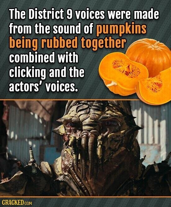 The District 9 voices were made from the sound of pumpkins being rubbed together combined with clicking and the actors' voices. CRACKED.COM