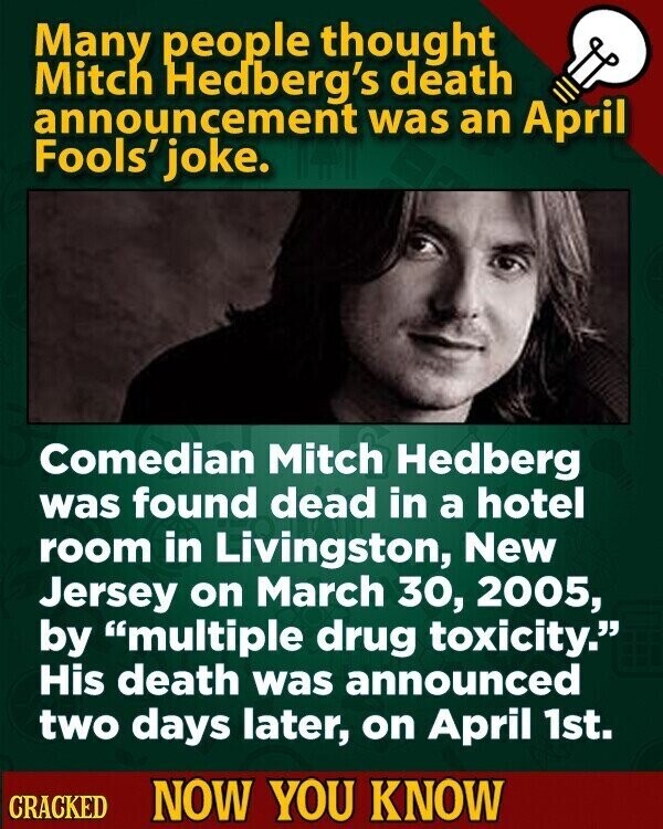 Many people thought Mitch Hedberg's death announcement was an April Fools' joke. Comedian Mitch Hedberg was found dead in a hotel room in Livingston, New Jersey on March 30, 2005, by multiple drug toxicity. His death was announced two days later, on April 1st. CRACKED NOW YOU KNOW