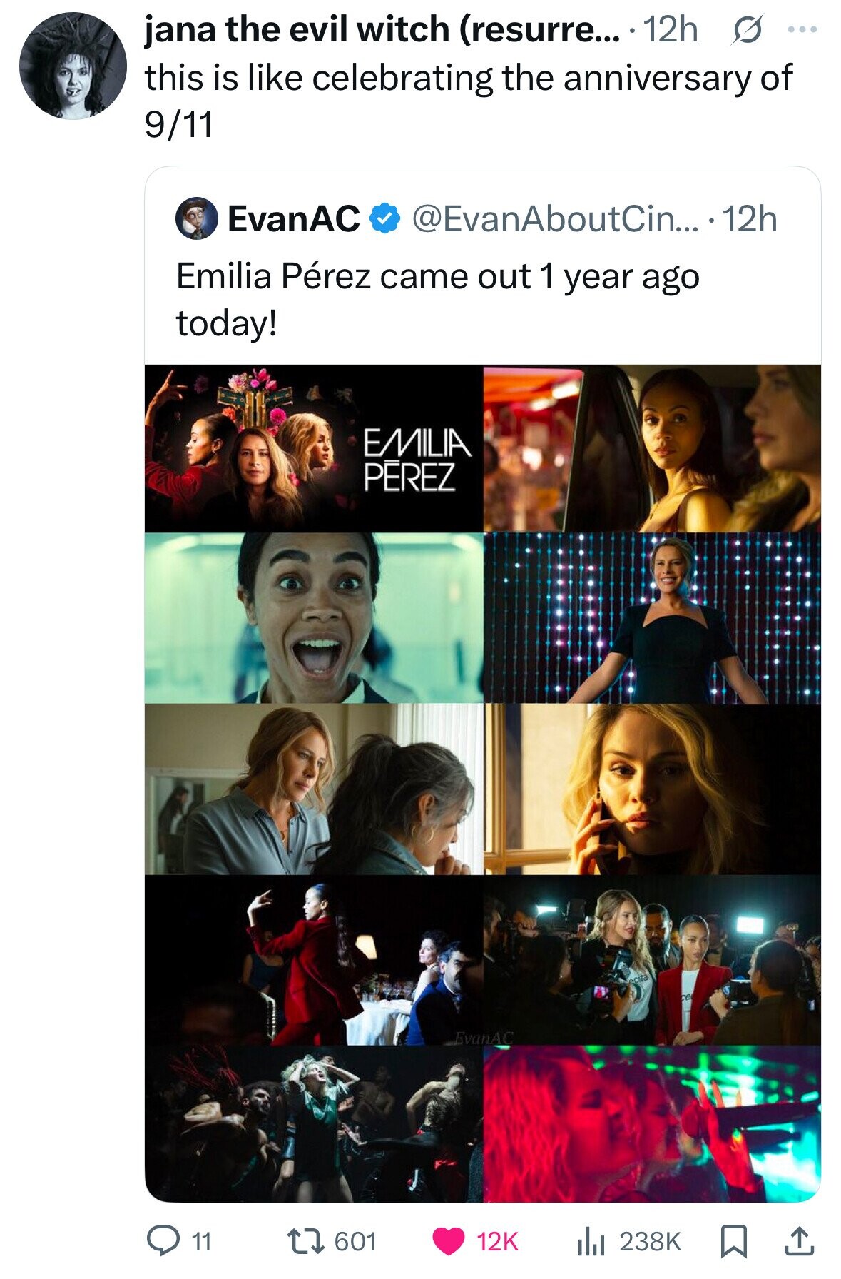 jana the evil witch (resurre... 12h s ... this is like celebrating the anniversary of 9/11 @EvanAboutCin... . 12h EvanAC Emilia Pérez came out 1 year ago today! EMILIA PĒREZ ecita ce EvanAC 601 11 12K 238K 