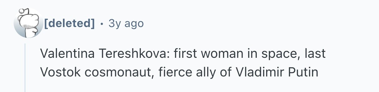 . 3y ago Valentina Tereshkova: first woman in space, last Vostok cosmonaut, fierce ally of Vladimir Putin