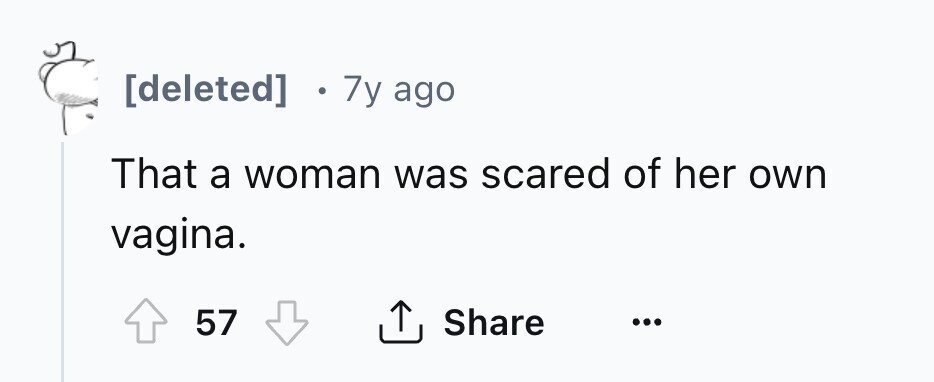 [deleted] 7y ago That a woman was scared of her own vagina. 57 Share ... 