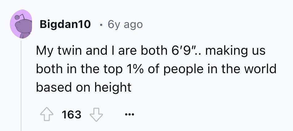Bigdan10 . 6y ago My twin and I are both 6'9.. making us both in the top 1% of people in the world based on height 163 ...