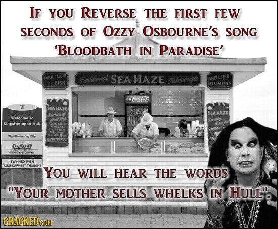 IF YOU REVERSE THE FIRST FEW SECONDS OF OZZY OSBOURNE'S SONG 'BLOODBATH IN PARADISE' LOCAL CAUGHT Traditional SEA MAZE Fishmenger SHELLFISH FISH SPECIALITIES на Coca-Cola SEA HAZE SEA HAZE delection of Welcome to Locally Kingston upon Hull COCELES Caught WHELKS MUSSELS FRESH F PERMIS JELLIED EELS The Pioneering City SHE EDWARDS EXCELLENCE - TWINNED WITH YOUR DARKEST THOUGHT YOU WILL HEAR THE WORDS YOUR MOTHER SELLS WHELKS IN HULL. CRACKED COM