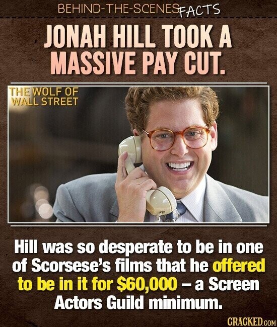 BEHIND-THE-SCENES FACTS JONAH HILL TOOK A MASSIVE PAY CUT. THE WOLF OF WALL STREET Hill was so desperate to be in one of Scorsese's films that he offered to be in it for $60,000-a Screen Actors Guild minimum. CRACKED.COM