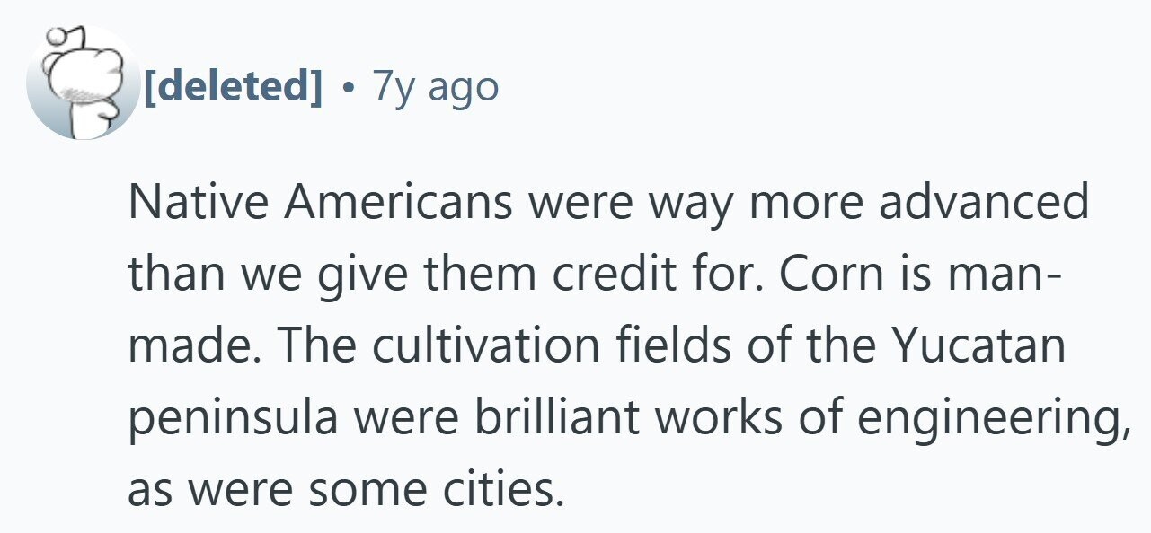 7y ago Native Americans were way more advanced than we give them credit for. Corn is man- made. The cultivation fields of the Yucatan peninsula were brilliant works of engineering, as were some cities.