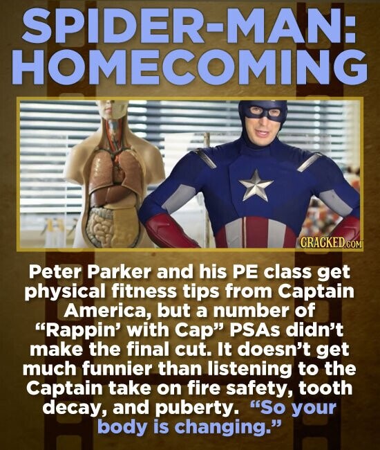 SPIDER-MAN: HOMECOMING Peter Parker and his PE class get physical fitness tips from Captain America, but a number of Rappin' with Cap PSAs didn't ma