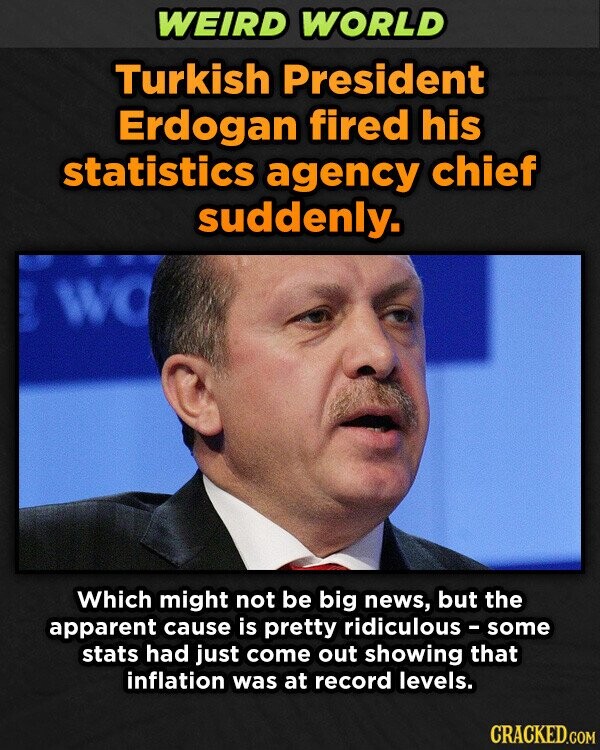 WEIRD WORLD Turkish President Erdogan fired his statistics agency chief suddenly. and WO Which might not be big news, but the apparent cause is pretty ridiculous - some stats had just come out showing that inflation was at record levels. CRACKED.COM