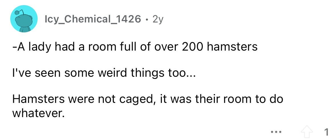 Icy_Chemical_1426 . . 2y -А lady had a room full of over 200 hamsters I've seen some weird things too... Hamsters were not caged, it was their room to do whatever. ... 1