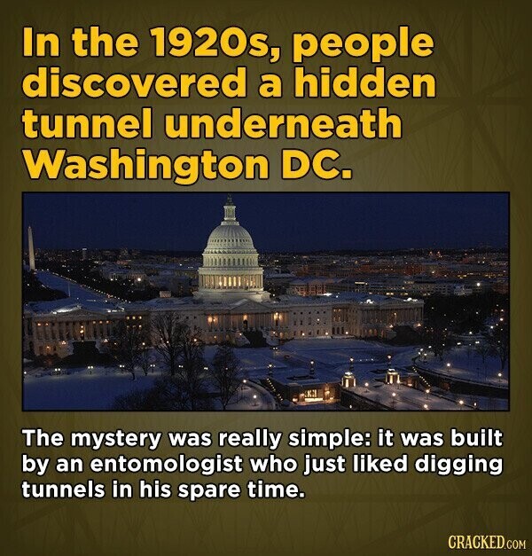 In the 1920s, people discovered a hidden tunnel underneath Washington DC. The mystery was really simple: it was built by an entomologist who just liked digging tunnels in his spare time. CRACKED.COM