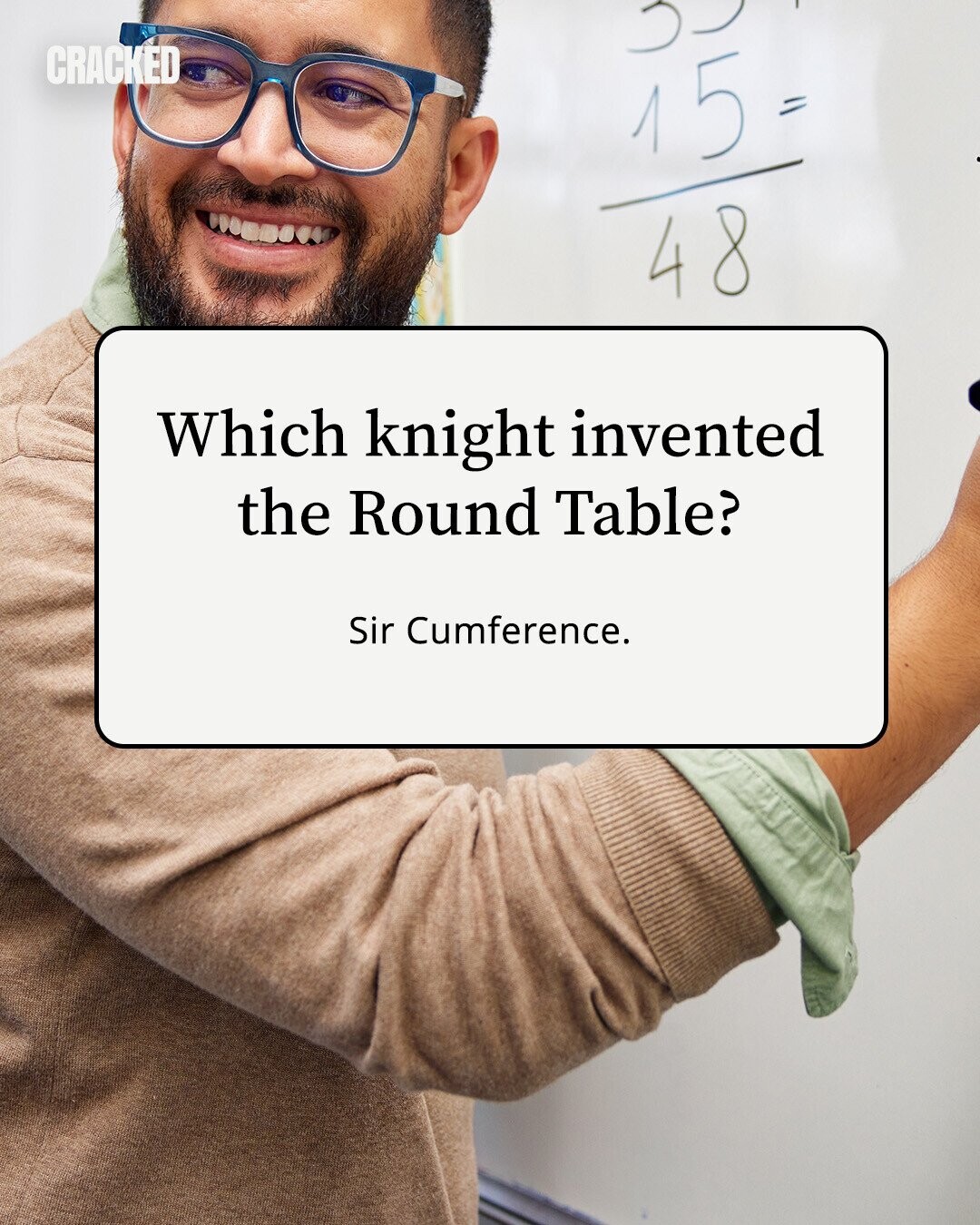 CRACKED 15 = 48 Which knight invented the Round Table? Sir Cumference. 