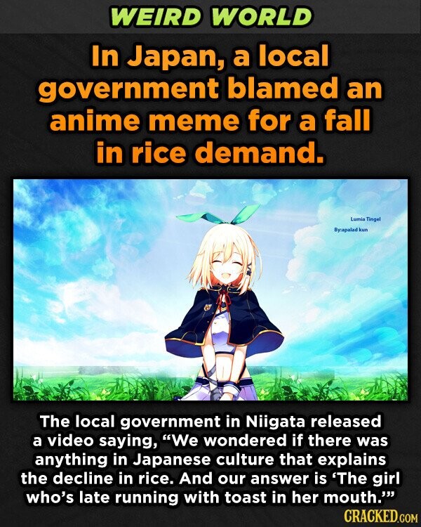 WEIRD WORLD In Japan, a local government blamed an anime meme for a fall in rice demand. Lumia Tingel By:apalad kun The local government in Niigata released a video saying, We wondered if there was anything in Japanese culture that explains the decline in rice. And our answer is 'The girl who's late running with toast in her mouth.' CRACKED.COM