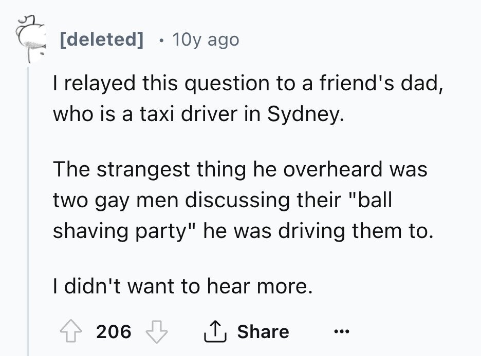 [deleted] 10y ago I relayed this question to a friend's dad, who is a taxi driver in Sydney. The strangest thing he overheard was two gay men discussing their ball shaving party he was driving them to. I didn't want to hear more. 206 Share ... 