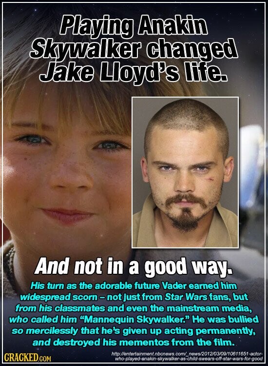 Playing Anakin Skywalker changed Jake Lloyd's life. And not in a good way. His turn as the adorable future Vader earned him widespread scorn-not just from Star Wars fans, but from his classmates and even the mainstream media, who called him Mannequin Skywalker. Не was bullied so mercilessly that he's given up acting permanently, and destroyed his mementos from the film. http://entertainment.nbcnews.com/_news/2012/03/09/10611651-actor- CRACKED.COM who-played-anakin-skywalker-as-child-swears-off-star-wars-for-good