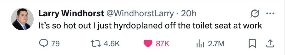 Larry Windhorst @WindhorstLarry . 20h ... It's so hot out I just hyrdoplaned off the toilet seat at work 79 4.6K 87K 2.7M