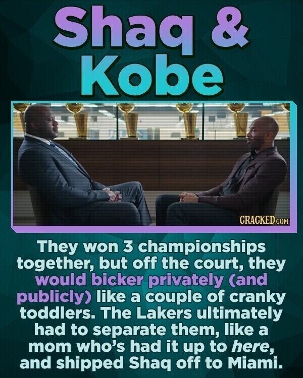 Shaq & Kobe CRACKED.COM They won 3 championships together, but off the court, they would bicker privately (and publicly) like a couple of cranky toddlers. The Lakers ultimately had to separate them, like a mom who's had it up to here, and shipped Shaq off to Miami.