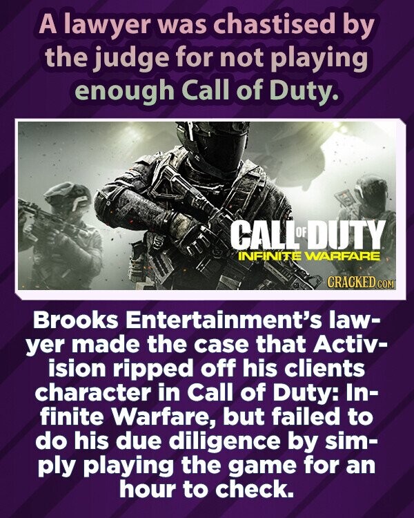 Teisėjas priekaištavo advokatui, kad per mažai žaidė Call of Duty.  CALL OF DUTY INFINITE WARFARE CRACKED.COM „Brooks Entertainment“ advokatas pareiškė, kad „Activision“ išplėšė iš jo klientų personažą „Call of Duty: Infinite Warfare“, tačiau neatliko reikiamo patikrinimo, tiesiog žaisdamas žaidimą valandą, kad patikrintų.