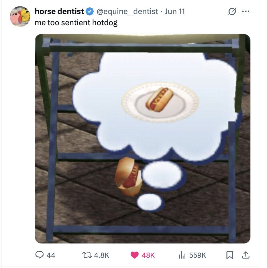 horse dentist @equine_dentist - Jun 11 ... me too sentient hotdog 44 4.8K 48K 559K