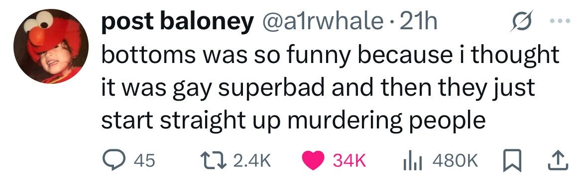 post baloney @a1rwhale.21h bottoms was so funny because i thought it was gay superbad and then they just start straight up murdering people 45 2.4K 34K dJ 480K 