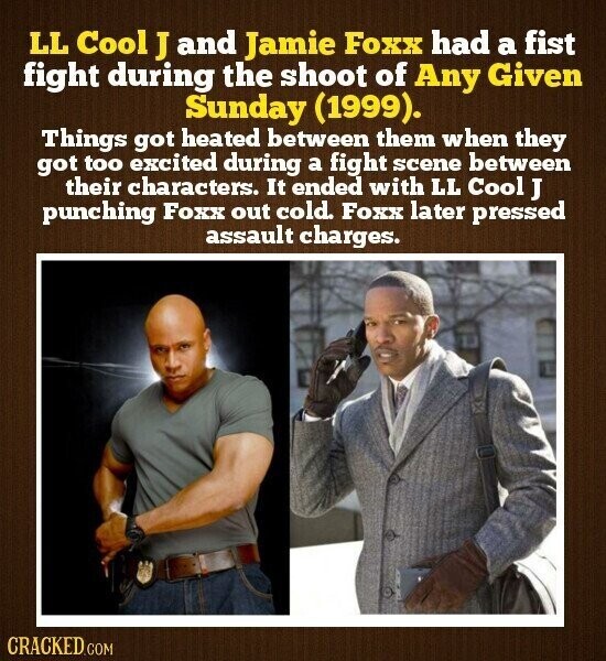 LL Cool J and Jamie Foxx had a fist fight during the shoot of Any Given Sunday (1999). Things got heated between them when they got too excited during a fight scene between their characters. It ended with LL Cool J punching Foxx out cold. Foxx later pressed assault charges. CRACKED.COM