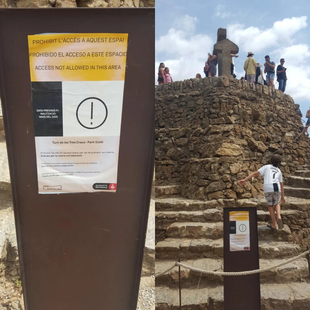 PROHIBIT L'ACCÉS A AQUEST ESPAI PROHIBIDO EL ACCESO A ESTE ESPACIO ACCESS NOT ALLOWED IN THIS AREA DATA PREVISIÓ Fl. NALITZACIO: MAIG DEL 2020 ! Turo de les Tres Creus- Park Güell Prohibit l'acces en aquest espai per tal de prevenir accidents Gracies per la vostra col-laboració Prohibido el acceso a este espacio para evitar accidentes colaboracion Gracias por RONOLDO Access not allowed in this area order to avoid Thank you for your collaboration Number FEM Barcelona BARCELONA