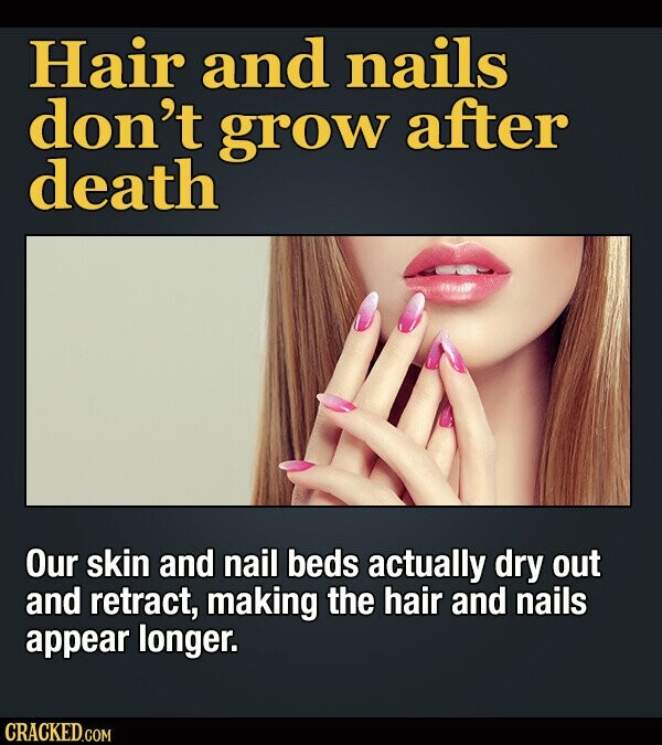 Hair and nails don't grow after death Our skin and nail beds actually dry out and retract, making the hair and nails appear longer. CRACKED.COM