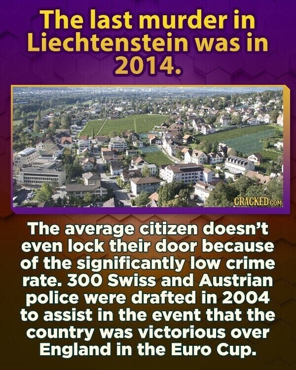The last murder in Liechtenstein was in 2014. CRACKED COM The average citizen doesn't even lock their door because of the significantly low crime rate. 300 Swiss and Austrian police were drafted in 2004 to assist in the event that the country was victorious over England in the Euro Cup.