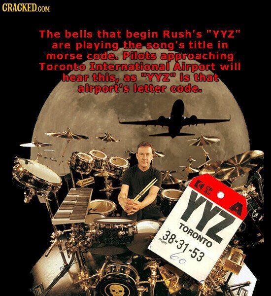 CRACKED.COM The bells that begin Rush's YYZ are playing the song's title in morse code. Pilots approaching Toronto International Airport will hear this, as YYZ is that airport's letter code. CP Air A YYZ TORONTO 38-31-53 Flight