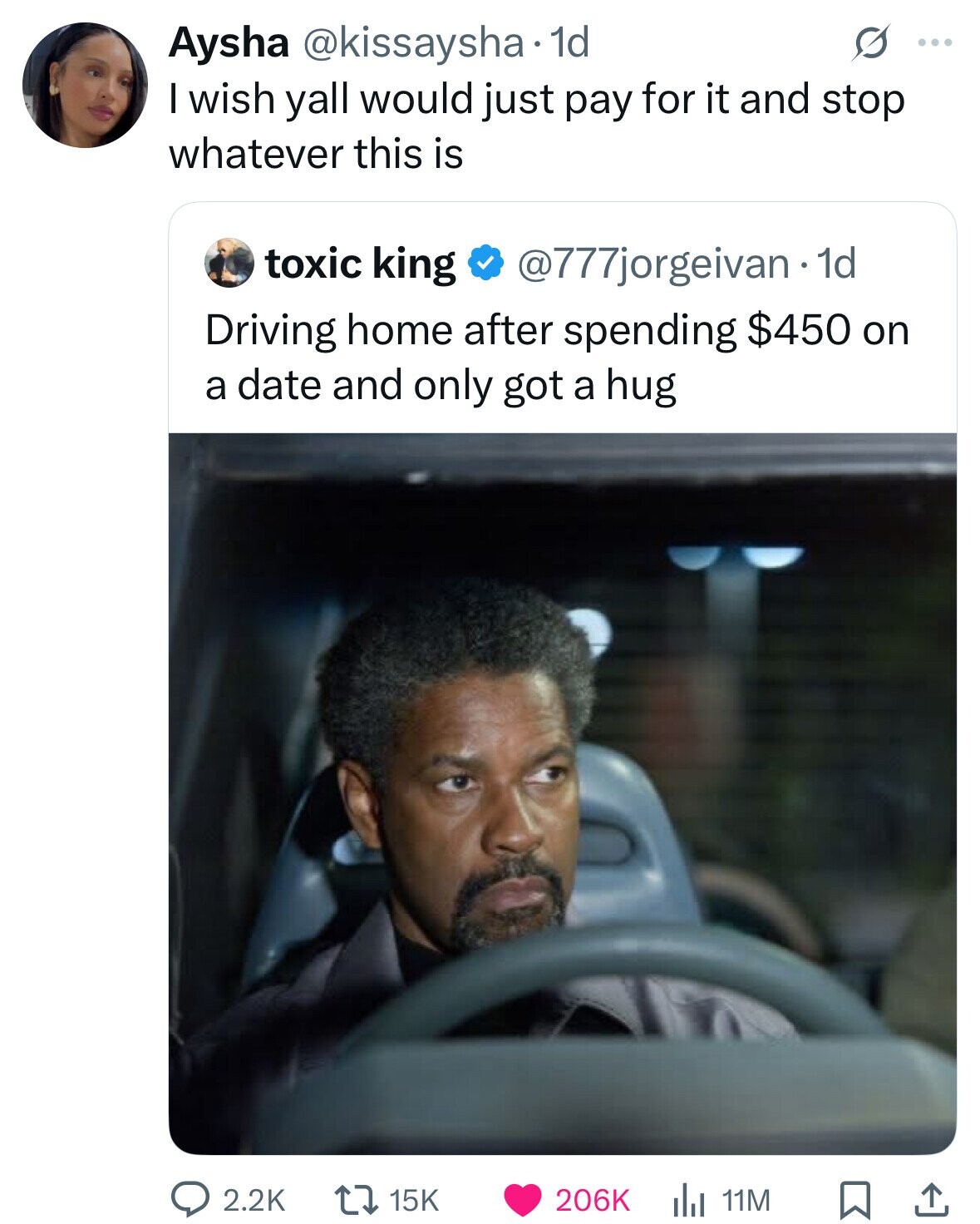 Aysha @kissaysha 1d S ... I wish yall would just pay for it and stop whatever this is toxic king @777jorgeivan 1d Driving home after spending $450 on a date and only got a hug 2.2K 206K 15K 11M 