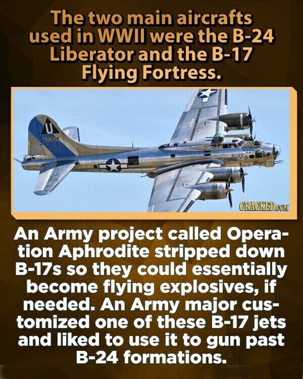 The two main aircrafts used in WWII were the B-24 Liberator and the B-17 Flying Fortress. U 483514 F GRAGKED.COM An Army project called Opera- tion Aphrodite stripped down B-17s so they could essentially become flying explosives, if needed. An Army major cus- tomized one of these B-17 jets and liked to use it to gun past B-24 formations.