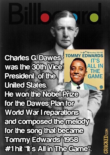 Billb ara The Recordings 1955 1960 TOMMY EDWARDS Charles G. Dawes IT'S was the 30th Vice ALL IN THE President of the GAME United States. - Не won the Nobel Prize for the Dawes Plan for World War I reparations and composed the melody for the song that became Tommy Edwards 1958 #1hit 'It's All in The Game. CRACKED.COM