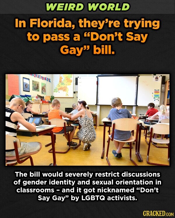 WEIRD WORLD In Florida, they're trying to pass a Don't Say Gay bill. The bill would severely restrict discussions of gender identity and sexual orientation in classrooms - and it got nicknamed Don't Say Gay by LGBTQ activists. CRACKED.COM