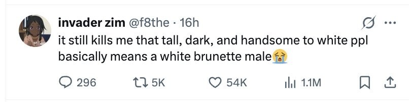 invader zim @f8the . 16h ... it still kills me that tall, dark, and handsome to white ppl basically means a white brunette male 296 5K 54K del 1.1M