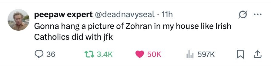 peepaw expert @deadnavyseal · 11h Gonna hang a picture of Zohran in my house like Irish Catholics did with jfk 36 3.4K 50K 597K
