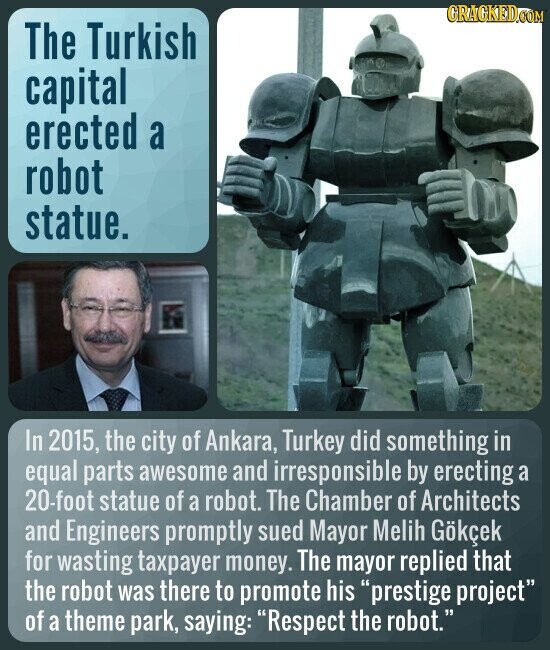 GRAGKED.COM The Turkish capital erected a robot statue. In 2015, the city of Ankara, Turkey did something in equal parts awesome and irresponsible by erecting a 20-foot statue of a robot. The Chamber of Architects and Engineers promptly sued Mayor Melih Gökçek for wasting taxpayer money. The mayor replied that the robot was there to promote his prestige project of a theme park, saying: Respect the robot.