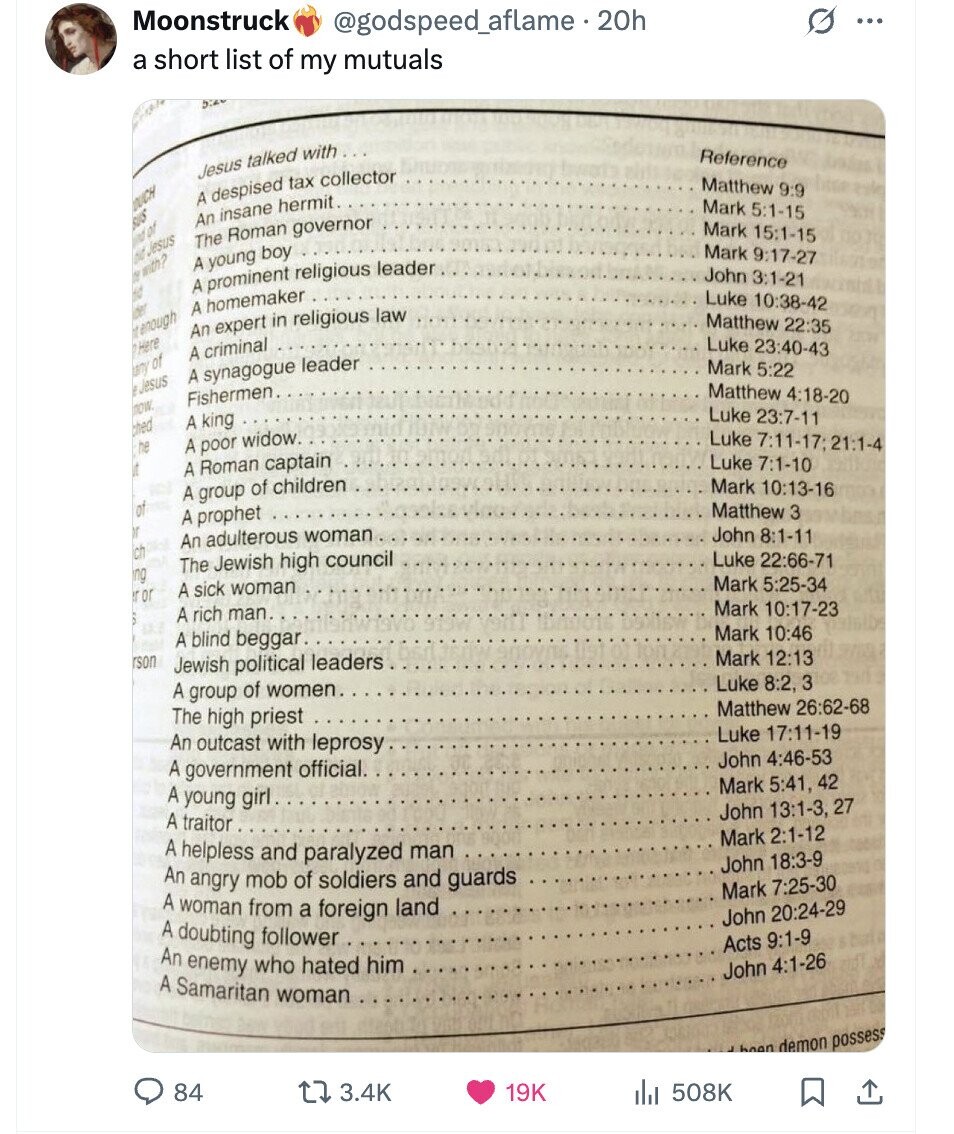 Moonstruck @godspeed_aflame 20h G ... a short list of my mutuals 5:24 Reference Jesus talked with Matthew 9:9 A despised tax collector OUCH Mark 5:1-15 An insane hermit. BUS Mark 15:1-15 und of The Roman governor Mark 9:17-27 die Jesus A young boy John 3:1-21 If with? A prominent religious leader fid Luke 10:38-42 A homemaker der Matthew 22:35 An expert in religious law mL enough Luke 23:40-43 H Here A criminal Mark 5:22 hany of A synagogue leader e Jesus Matthew 4:18-20 Fishermen. know. Luke 23:7-11 A king bhed Luke 7:11-17;21:1-4 the A poor widow. Luke 7:1-10 it A Roman