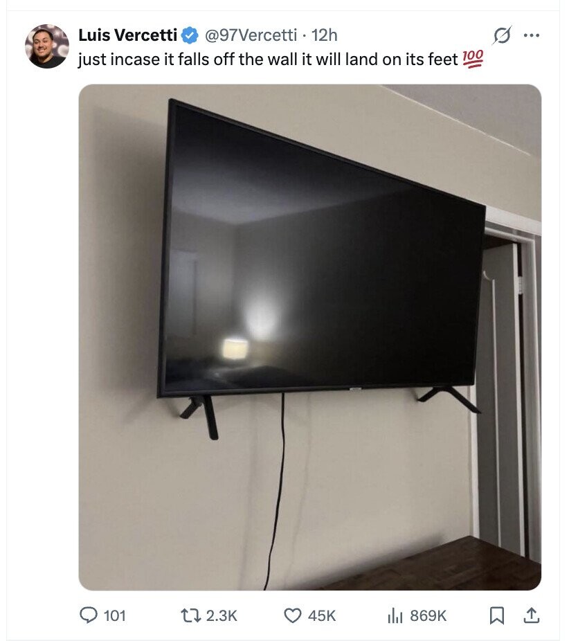 Luis Vercetti s ... @97Vercetti 12h just incase it falls off the wall it will land on its feet 100 101 2.3K 45K 869K